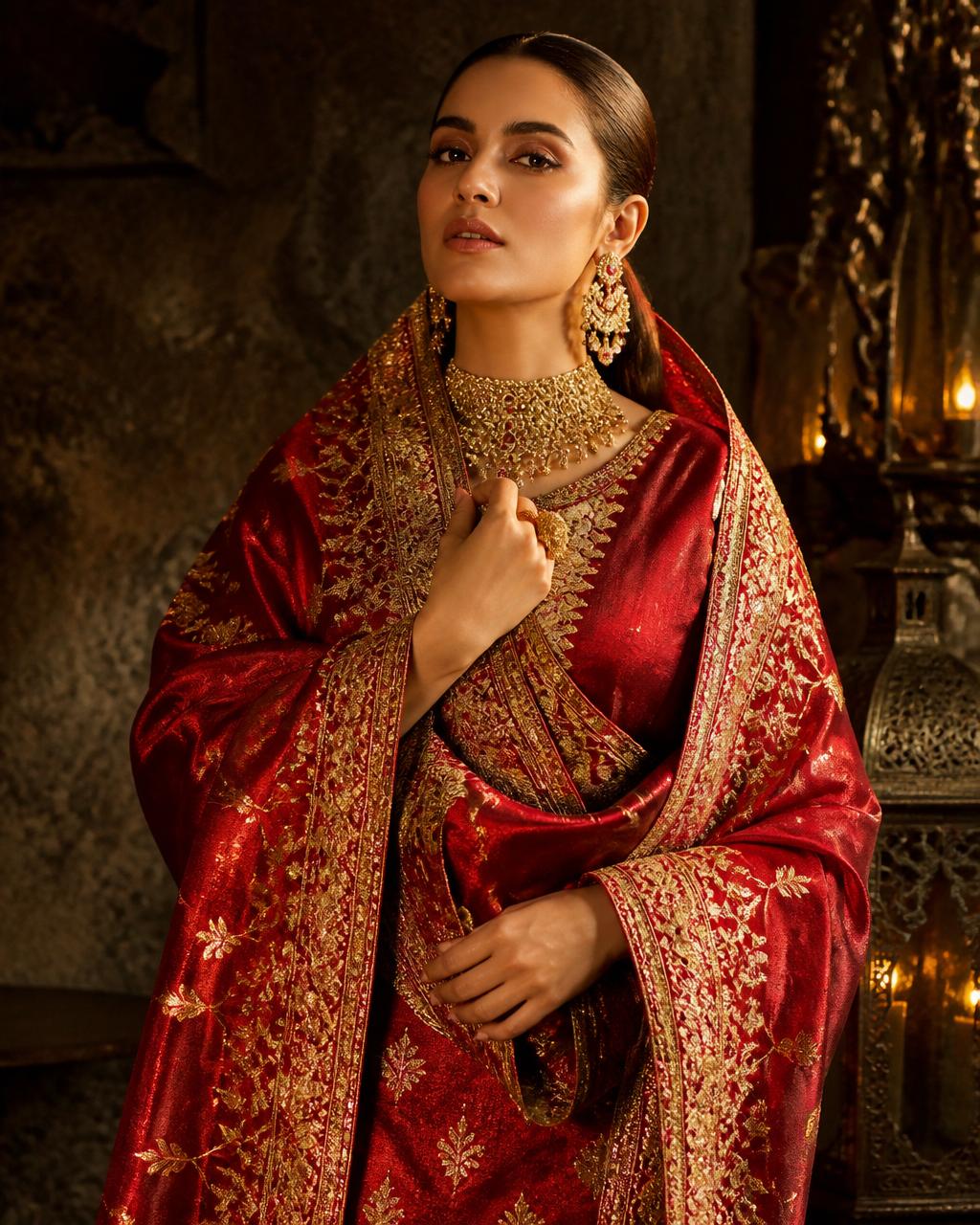 Editorial portrait — crimson & gold silk